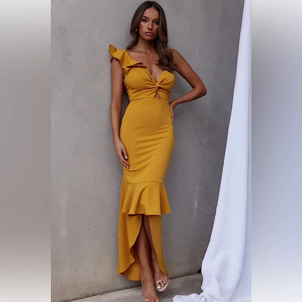WOMEN’S RUFFLE STRAP TWIST BUST DRESS MUSTARD - XS - Picture 2 of 8